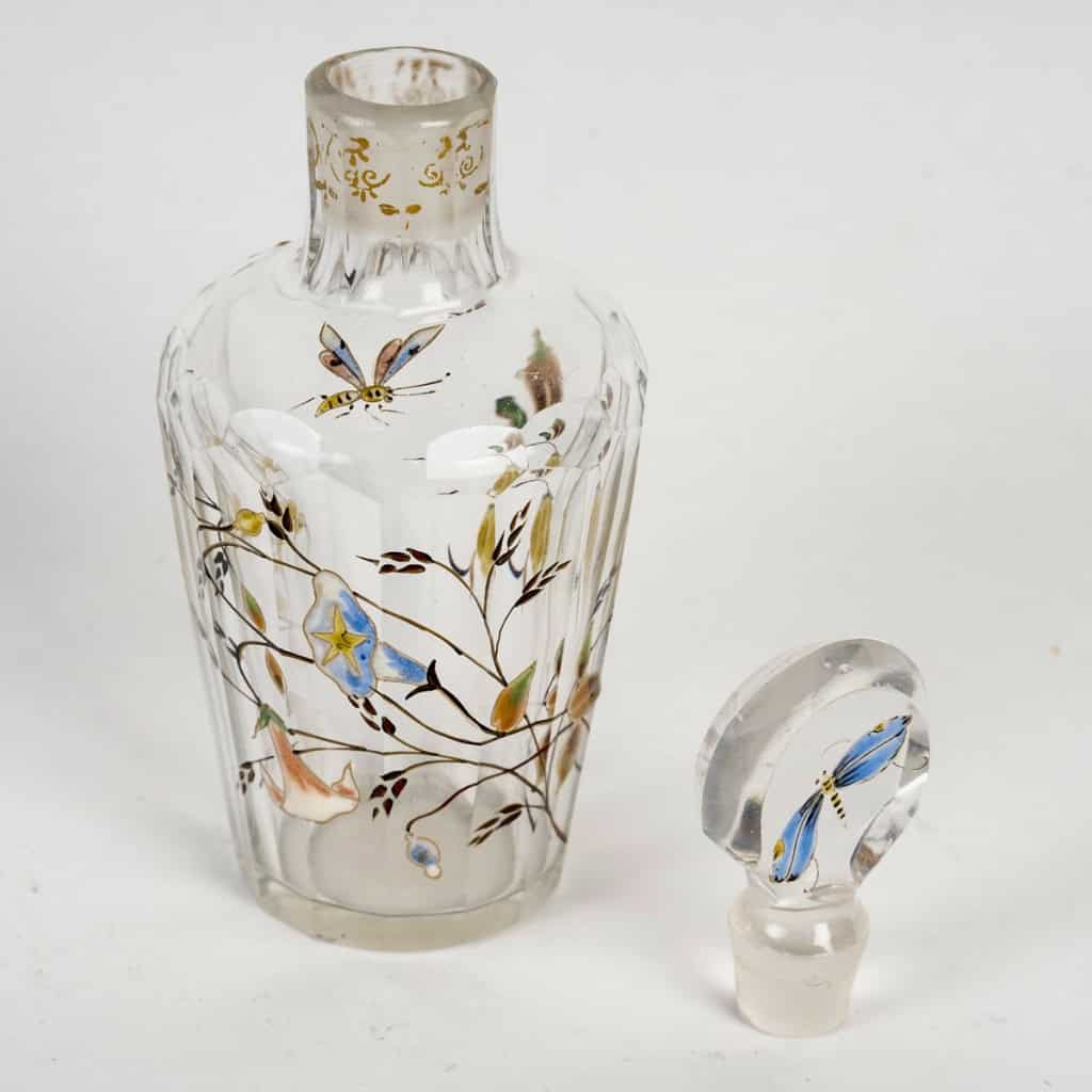 Emile Gallé – Flacon Cristallerie Verre Libellule Abeilles Et Fleurs Emaillées 6