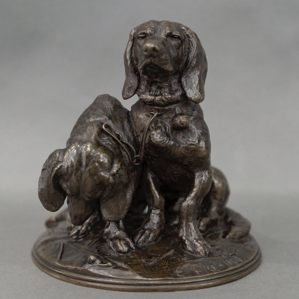 Groupe De Bassets ” Ravageot Et Ravageode ” , Emmanuel Fremiet (1824 -1910) – Bronze 7