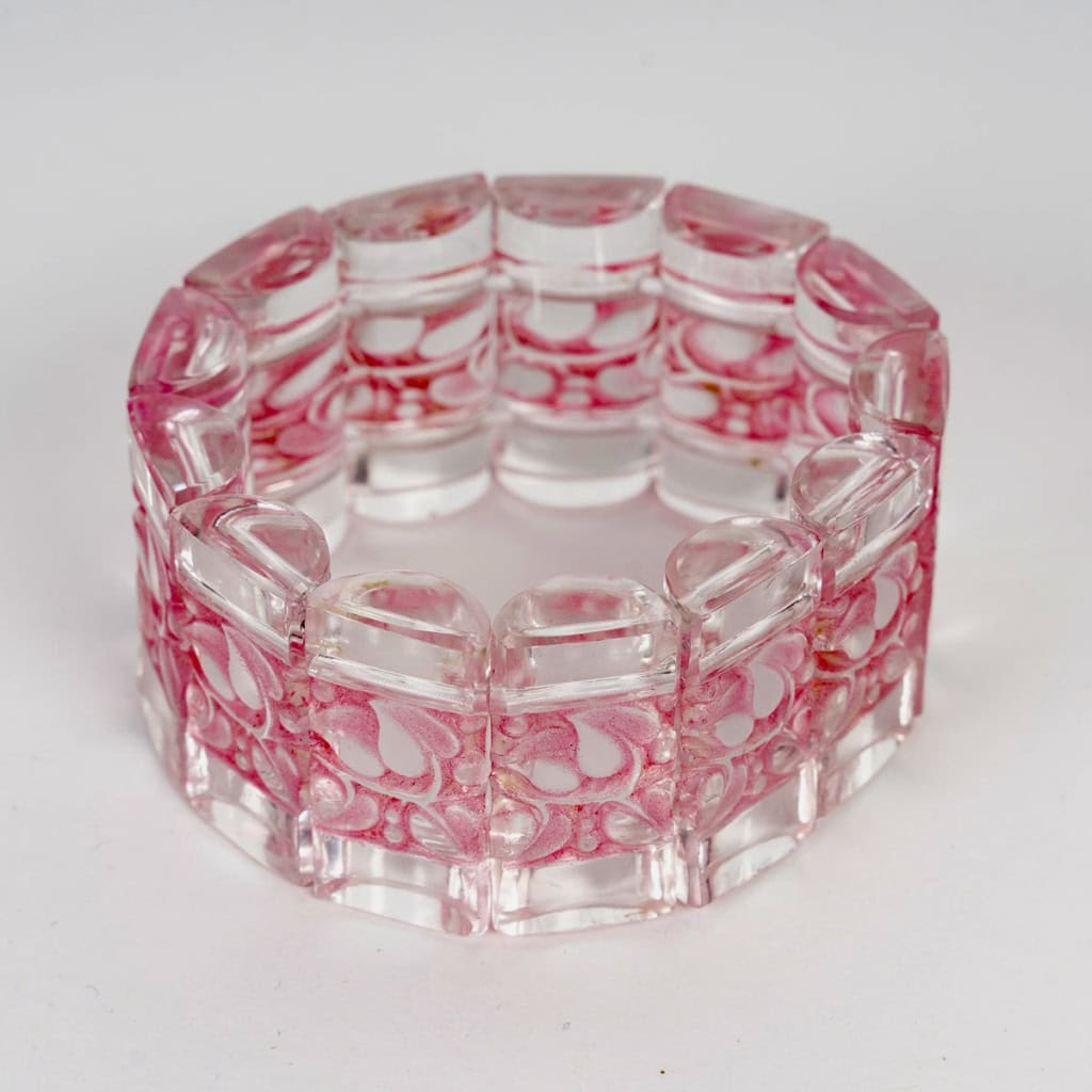 1928 René Lalique – Bracelet Art Déco Cerisier Verre Blanc Patiné Rose 4