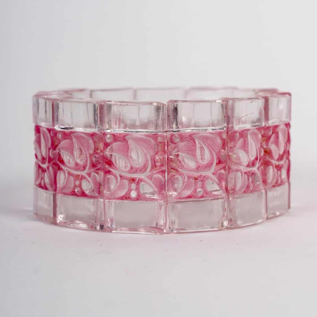 1928 René Lalique – Bracelet Art Déco Cerisier Verre Blanc Patiné Rose 3