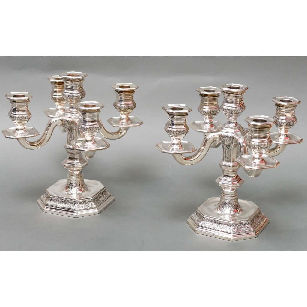 TETARD Frères – Paire de candélabres bas en argent massif circa 1930 11