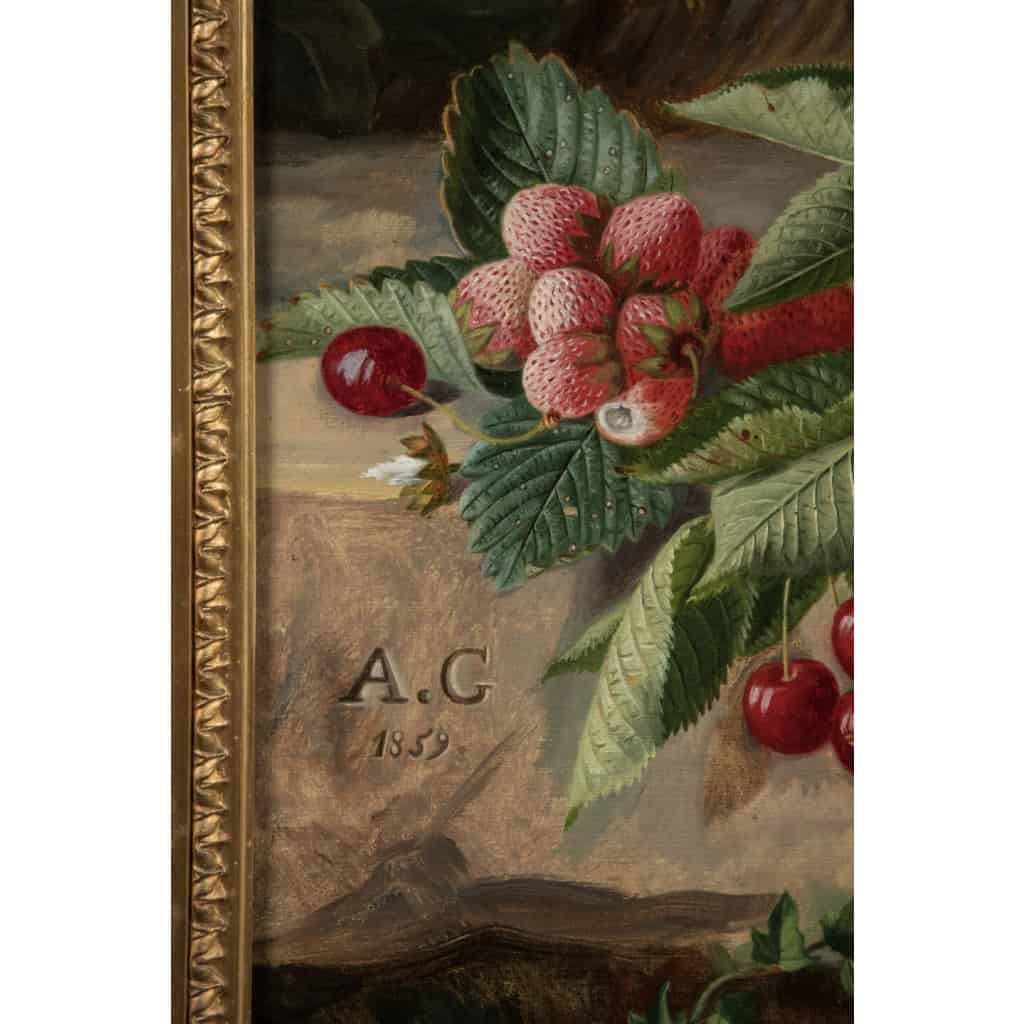 Grand bouquet de fleurs et l’ecureuil. Ecole lyonnaise du XIXème siècle. Monogramme AG 1859. 5