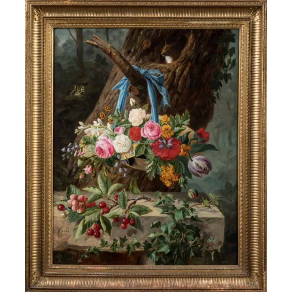 Grand bouquet de fleurs et l’ecureuil. Ecole lyonnaise du XIXème siècle. Monogramme AG 1859. 3