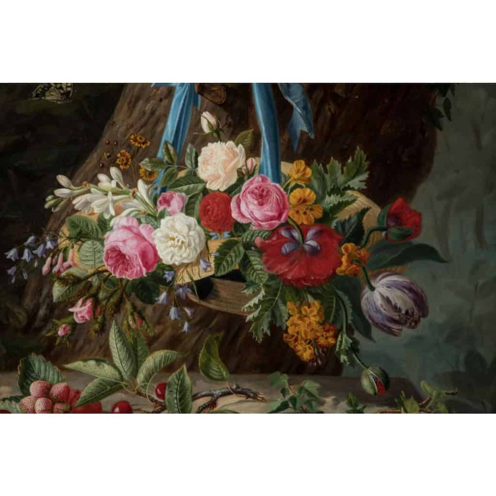 Grand bouquet de fleurs et l’ecureuil. Ecole lyonnaise du XIXème siècle. Monogramme AG 1859. 4