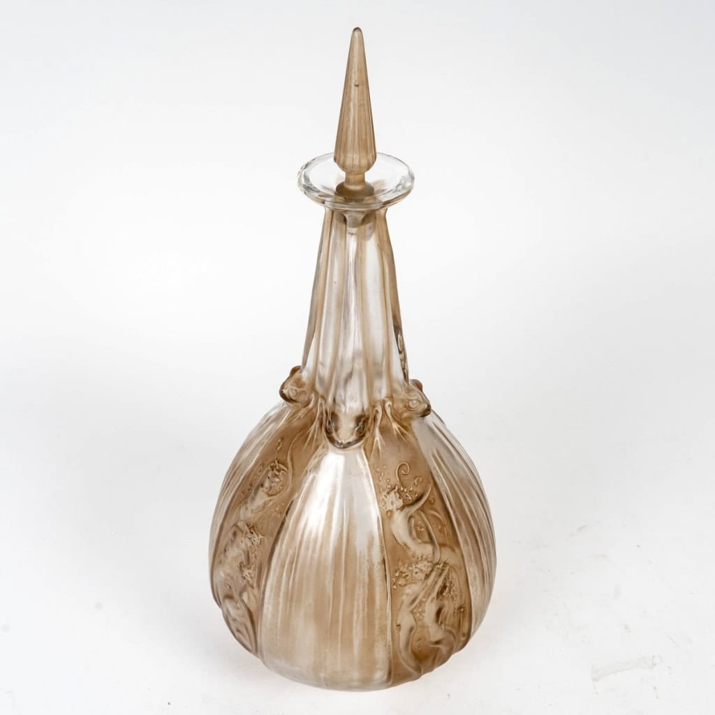 1911 René Lalique – Carafe Sirènes Et Grenouilles Verre Blanc Patiné Sépia 4