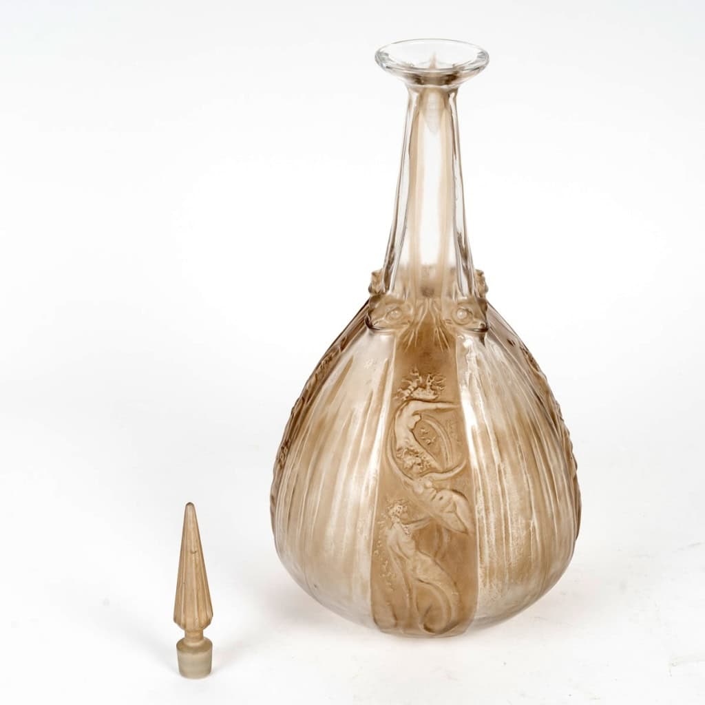 1911 René Lalique – Carafe Sirènes Et Grenouilles Verre Blanc Patiné Sépia 5