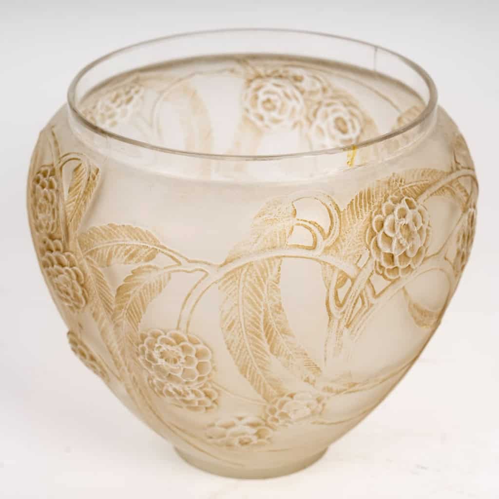 1923 René Lalique – Vase Néfliers Verre Blanc Patiné Sépia 5