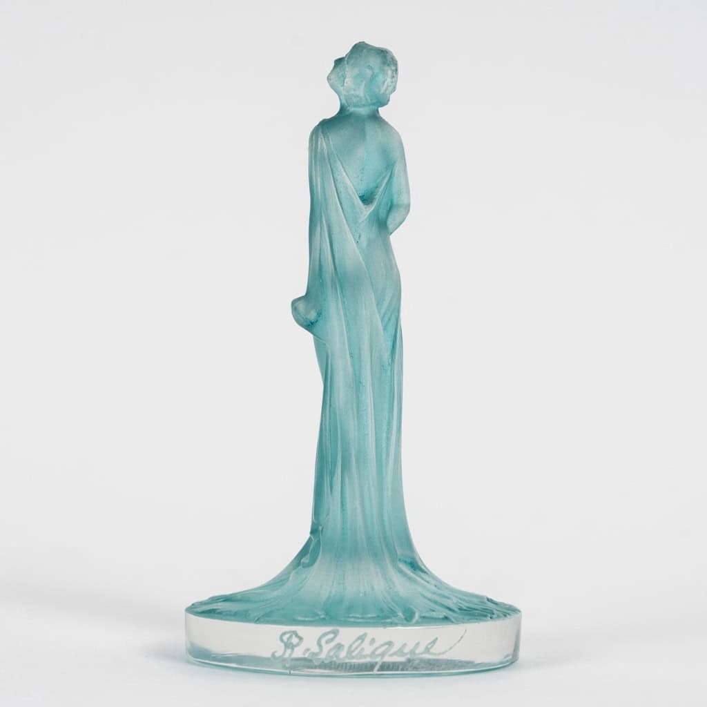 1912 René Lalique – Cachet Statuette Drapée Verre Blanc Patiné Turquoise 6