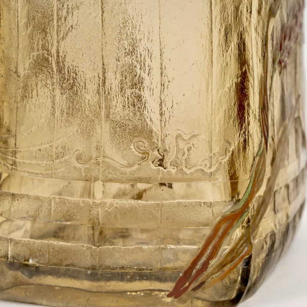 Emile Gallé – Vase Jardinière Verre Ambré Emaillé d’Epis De Blé 8