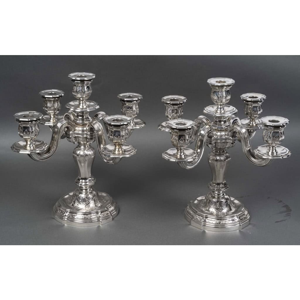 Orfèvre TETARD – Paire de Candélabres 5 lumières en argent massif XXe 4