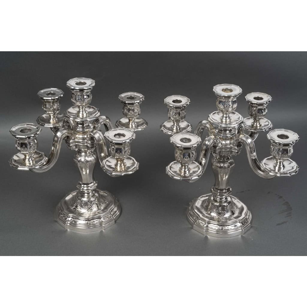 Orfèvre TETARD – Paire de Candélabres 5 lumières en argent massif XXe 8