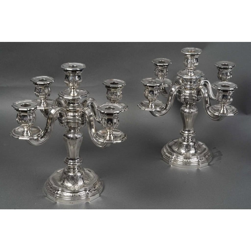 Orfèvre TETARD – Paire de Candélabres 5 lumières en argent massif XXe 19