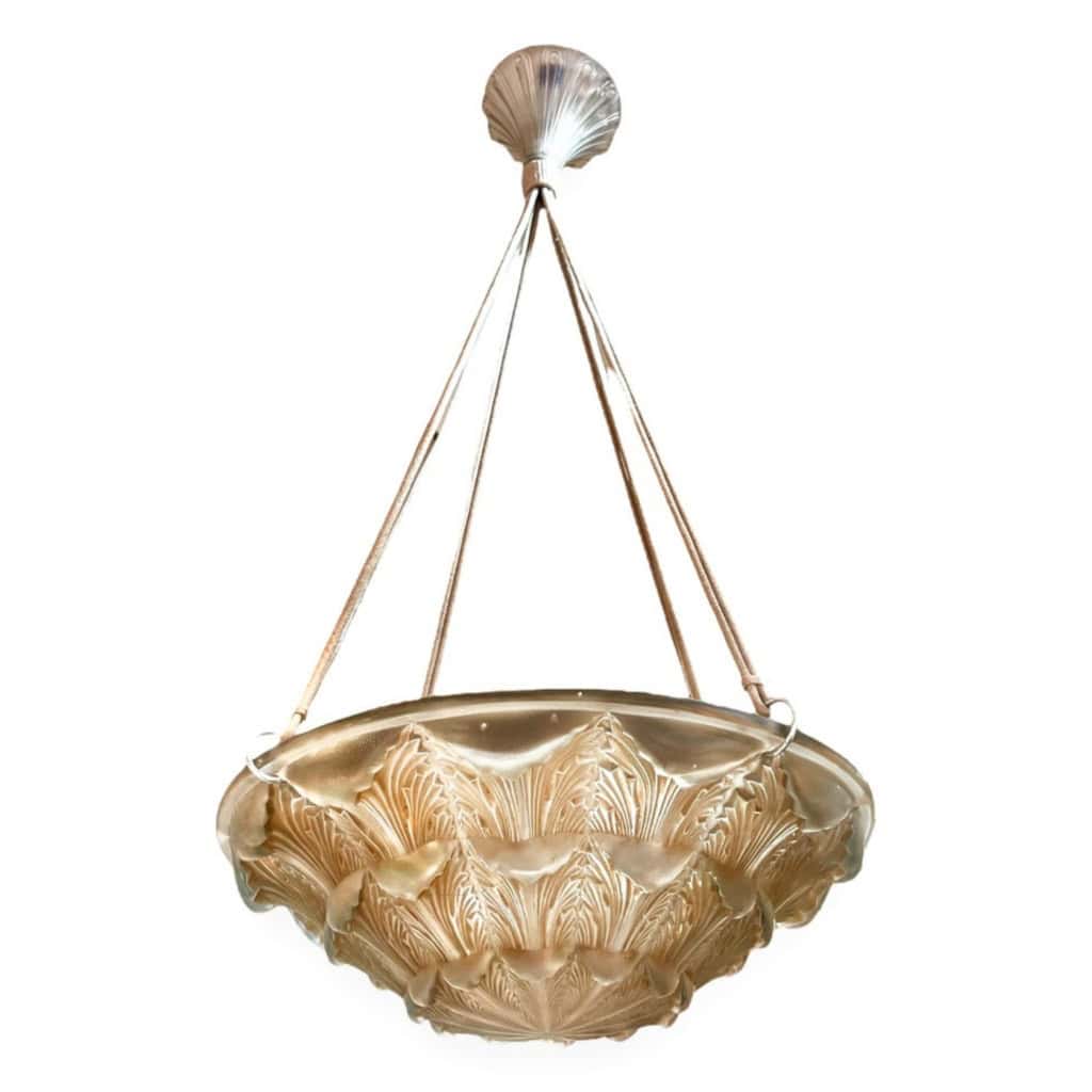 1927 René Lalique – Suspension Gaillon Verre Blanc Patiné Sépia 4