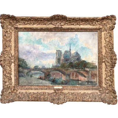 LEBOURG Albert Notre Dame de Paris vue du quai de la Tournelle en automne Huile sur toile signée Certificat d’authenticité