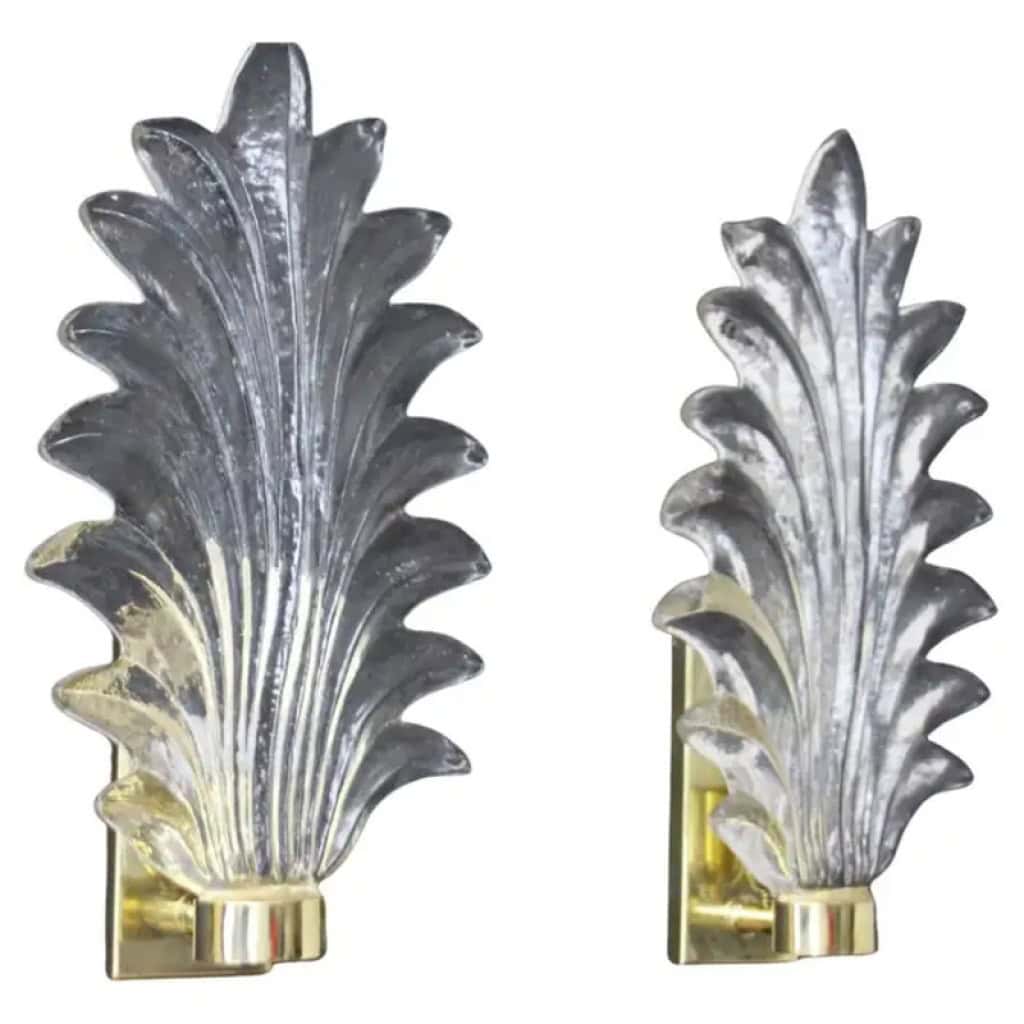 Paire de grandes appliques en verre de Murano transparent en forme de feuille de palmier de style Barovier 3