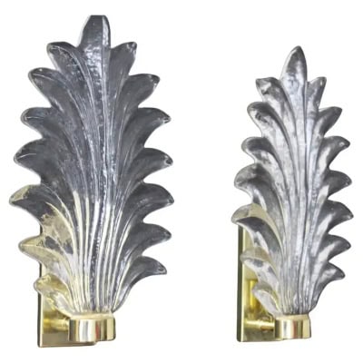 Paire de grandes appliques en verre de Murano transparent en forme de feuille de palmier de style Barovier