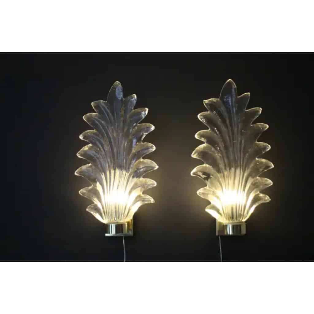 Paire de grandes appliques en verre de Murano transparent en forme de feuille de palmier de style Barovier 13