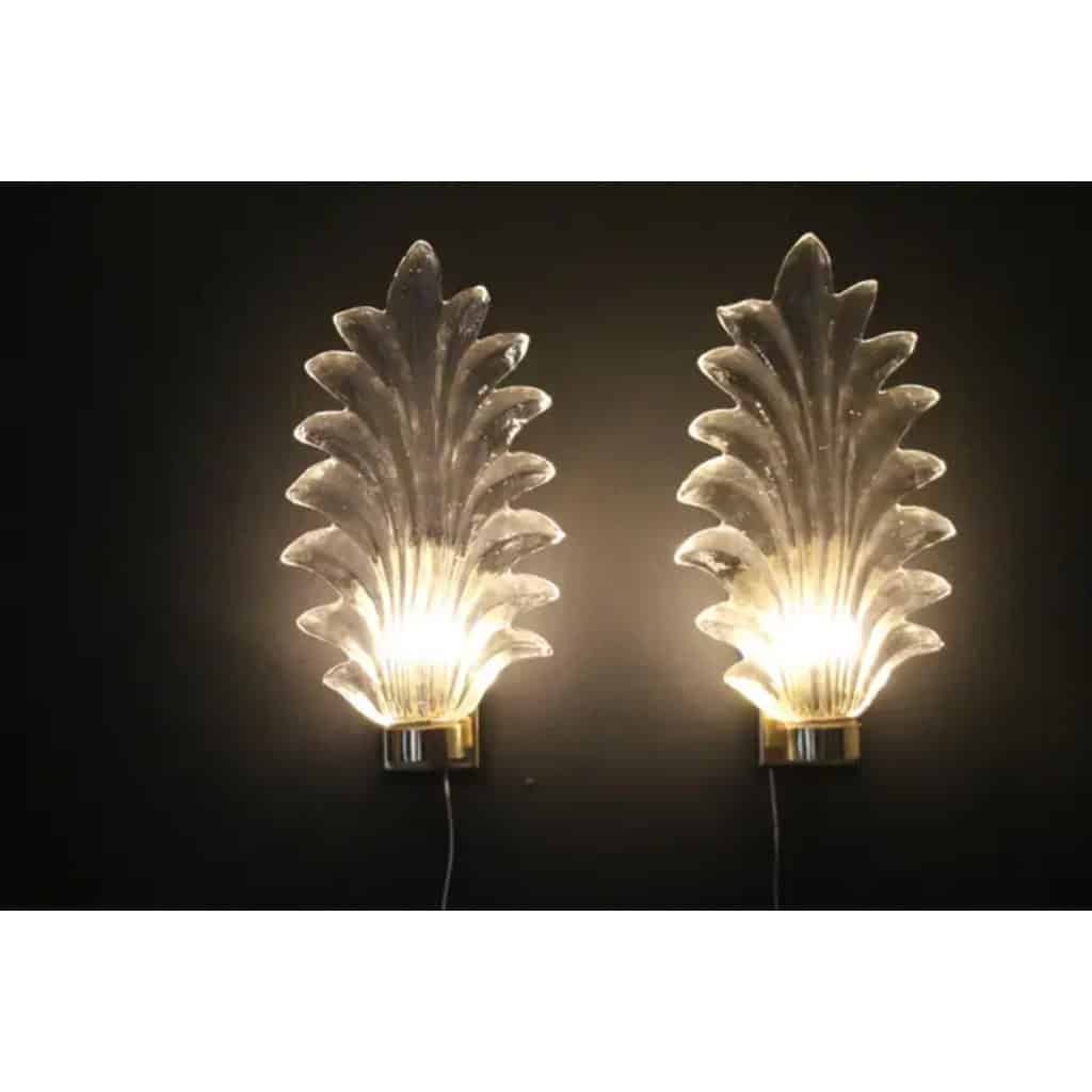 Paire de grandes appliques en verre de Murano transparent en forme de feuille de palmier de style Barovier 14