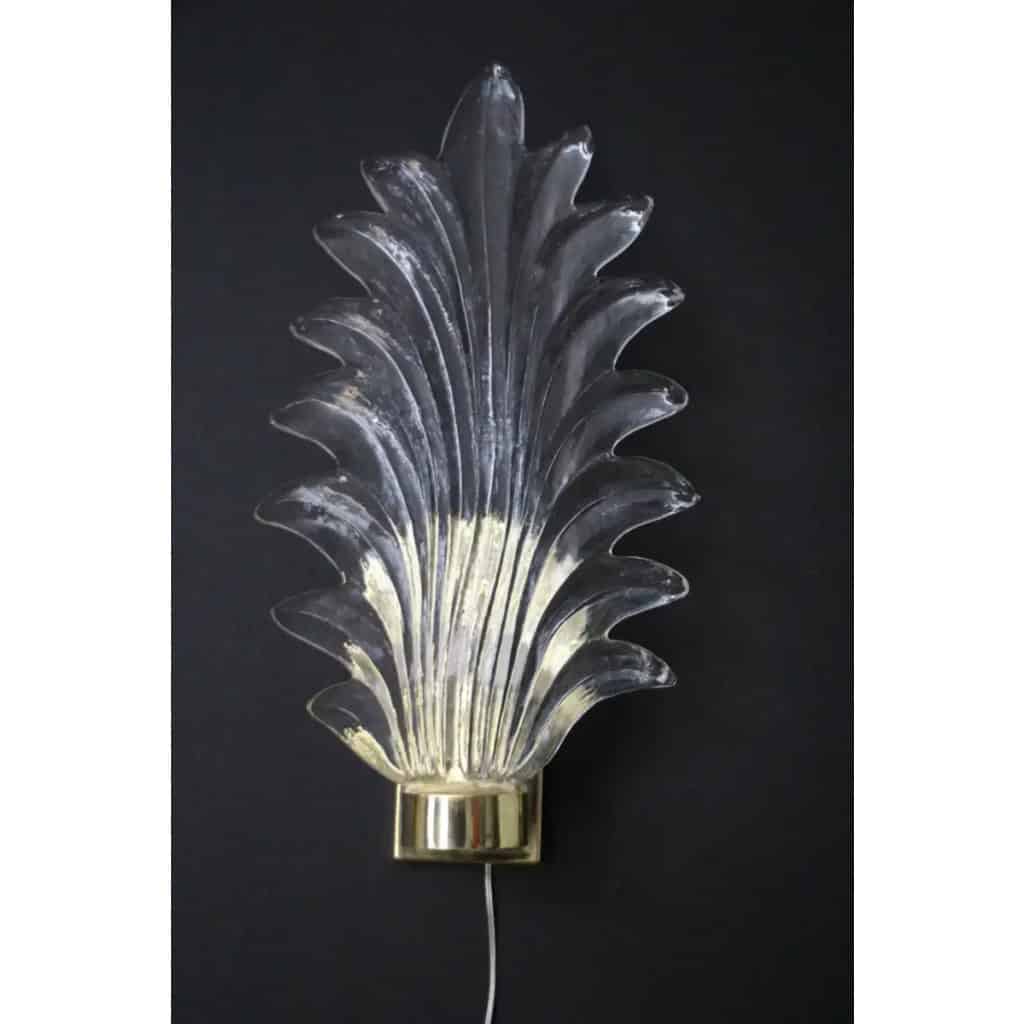 Paire de grandes appliques en verre de Murano transparent en forme de feuille de palmier de style Barovier 18