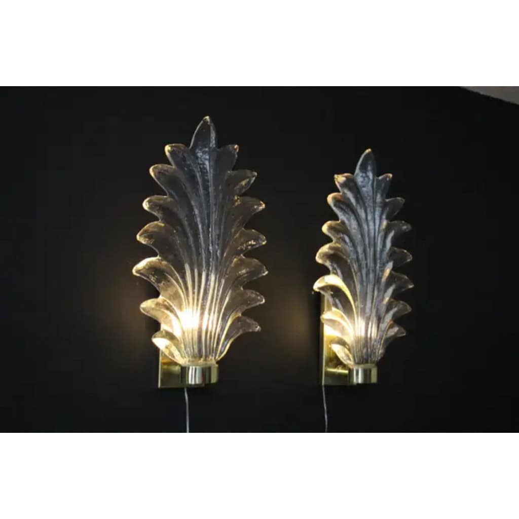 Paire de grandes appliques en verre de Murano transparent en forme de feuille de palmier de style Barovier 19