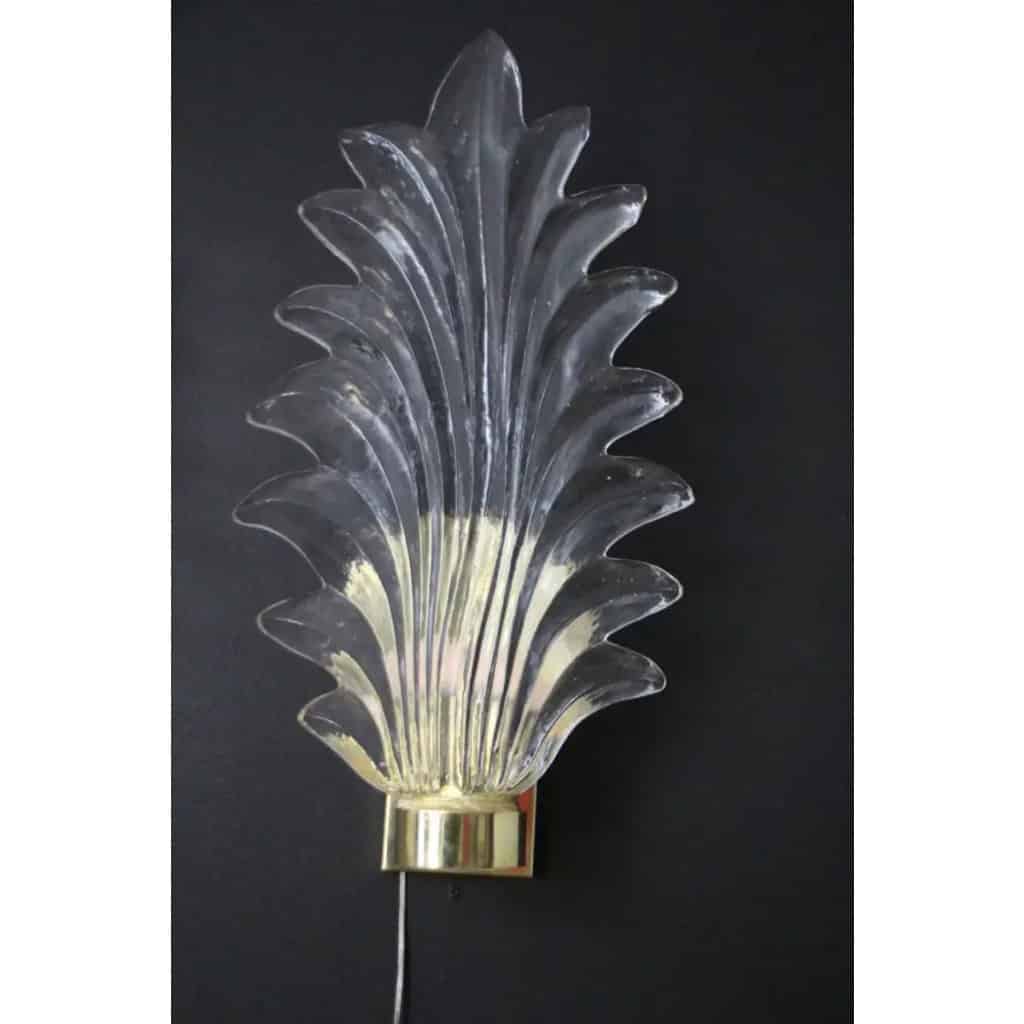 Paire de grandes appliques en verre de Murano transparent en forme de feuille de palmier de style Barovier 20