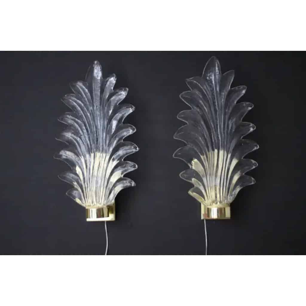 Paire de grandes appliques en verre de Murano transparent en forme de feuille de palmier de style Barovier 4