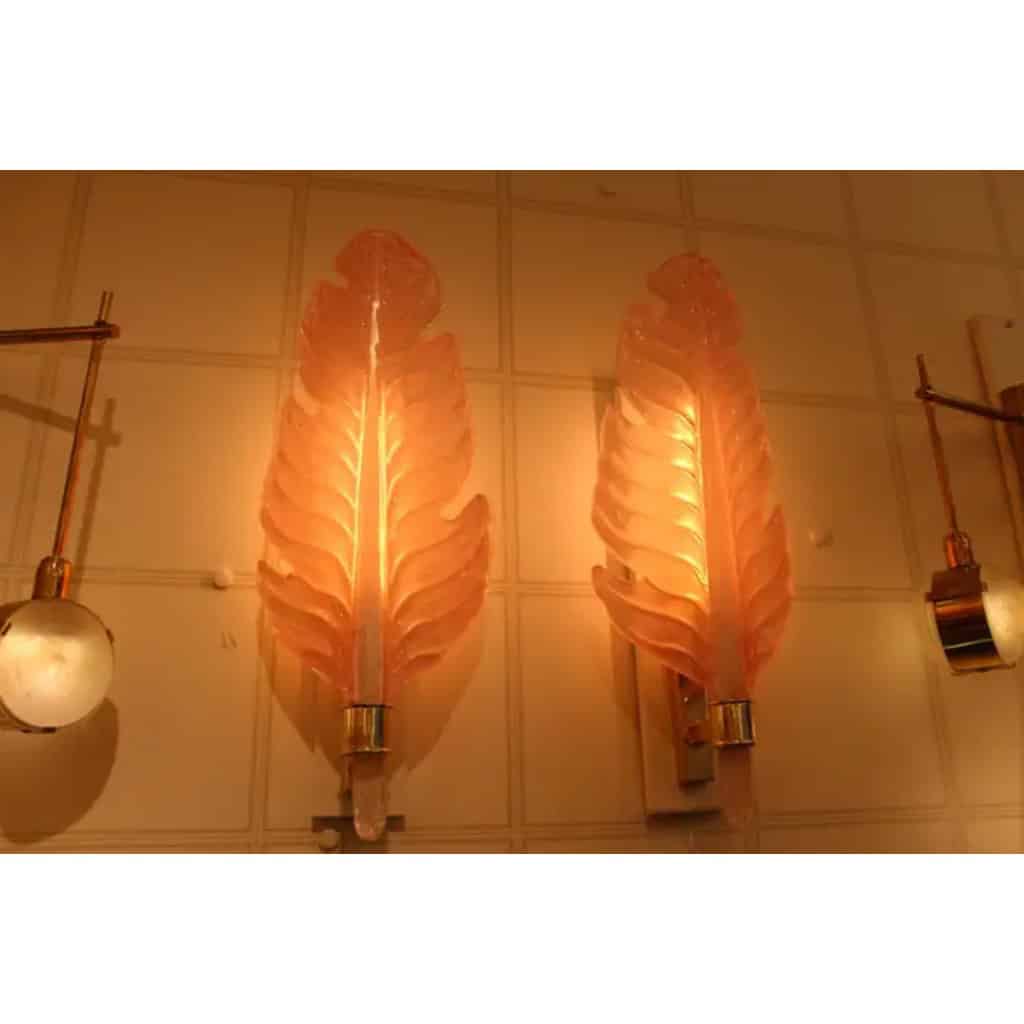 Paire d’appliques en verre de Murano rose, lampes murales en forme de feuille, Style Barovier 4