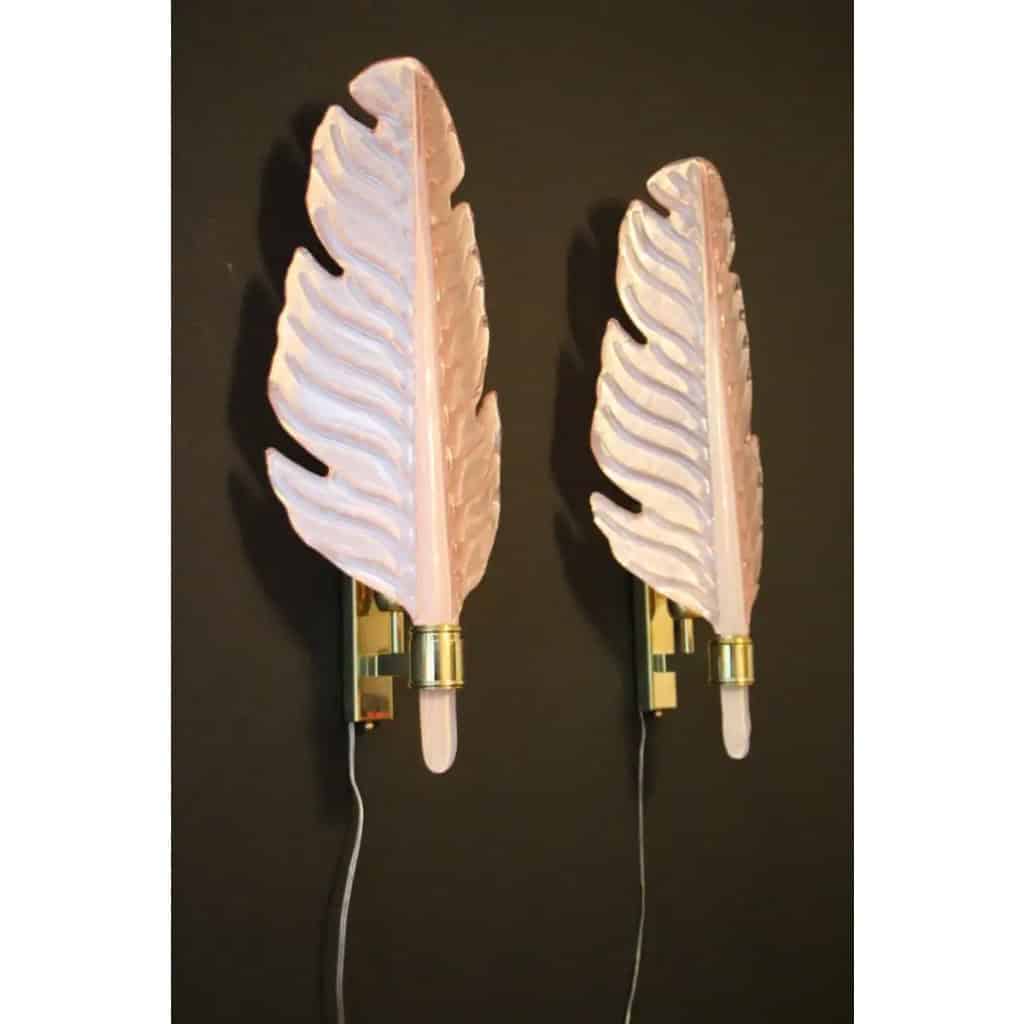 Paire d’appliques en verre de Murano rose, lampes murales en forme de feuille, Style Barovier 22