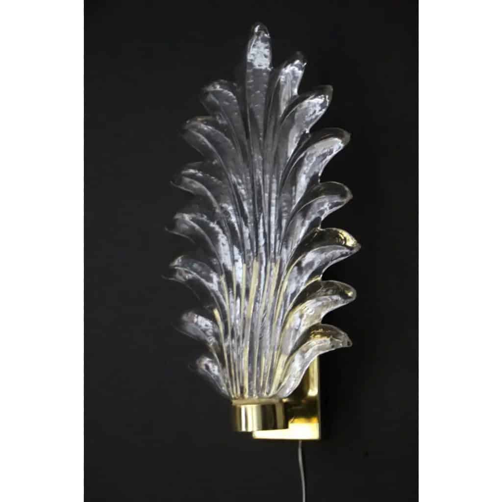 Paire de grandes appliques en verre de Murano transparent en forme de feuille de palmier de style Barovier 7