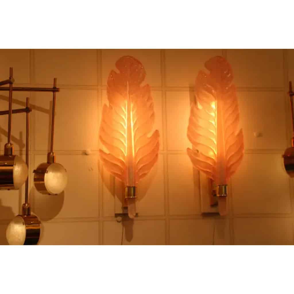 Paire d’appliques en verre de Murano rose, lampes murales en forme de feuille, Style Barovier 8