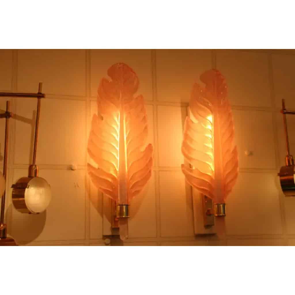 Paire d’appliques en verre de Murano rose, lampes murales en forme de feuille, Style Barovier 11