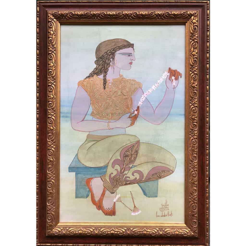 BEN ABDALLAH Jellal Jeune femme au collier de fleurs Huile sur papier kraft marouflé sur panneau signée 3