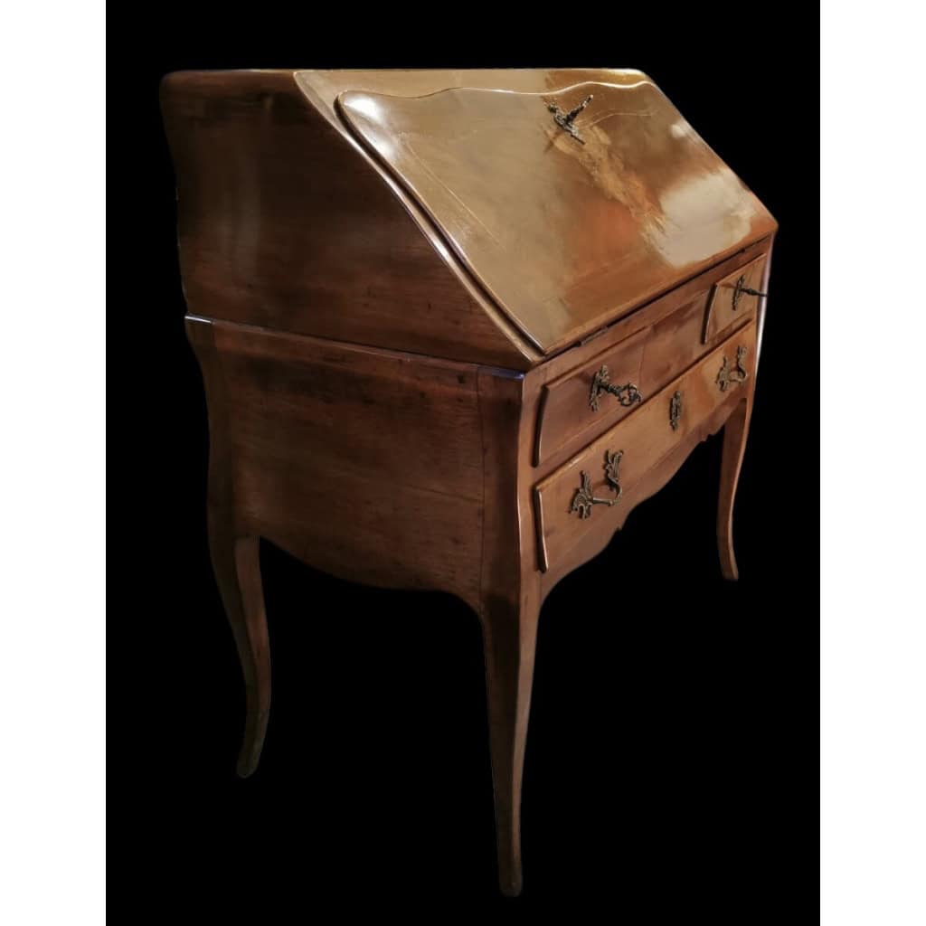 Bureau de pente époque Louis XV noyer et placage de bois fruitier quatre pieds cambrés trois tiroirs 10