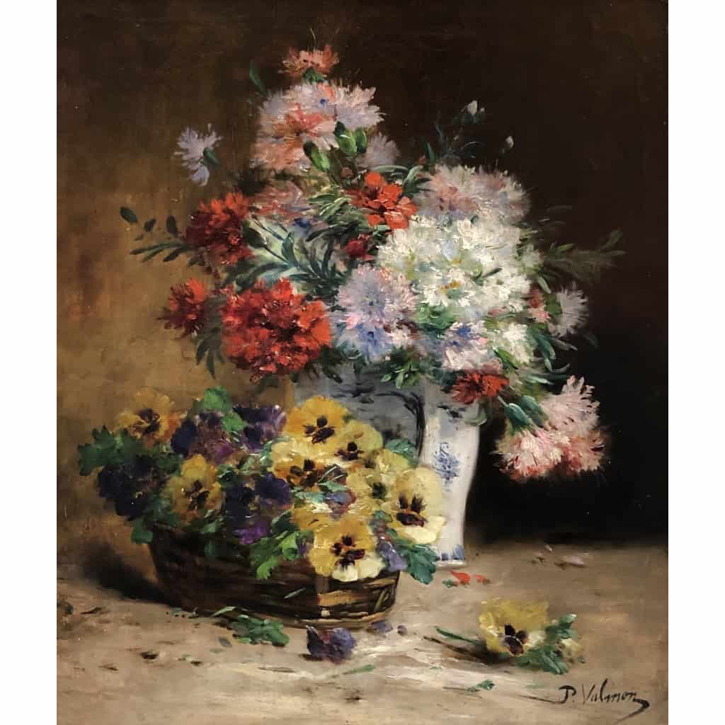 CAUCHOIX Eugène Bouquet d’oeillets Panier De Pensées Huile Toile Signée certificat d’authenticité 8