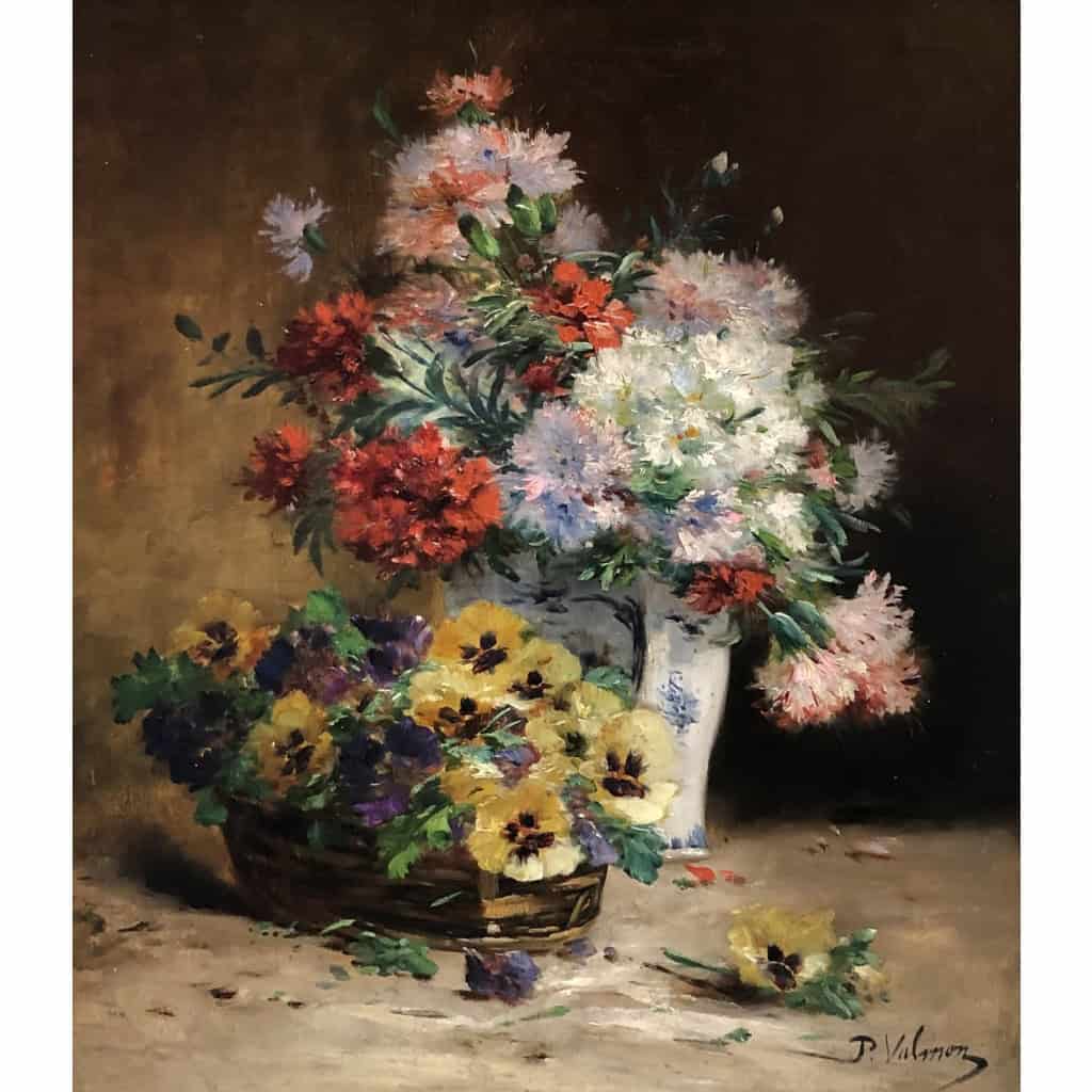 CAUCHOIX Eugène Bouquet d’oeillets Panier De Pensées Huile Toile Signée certificat d’authenticité 7