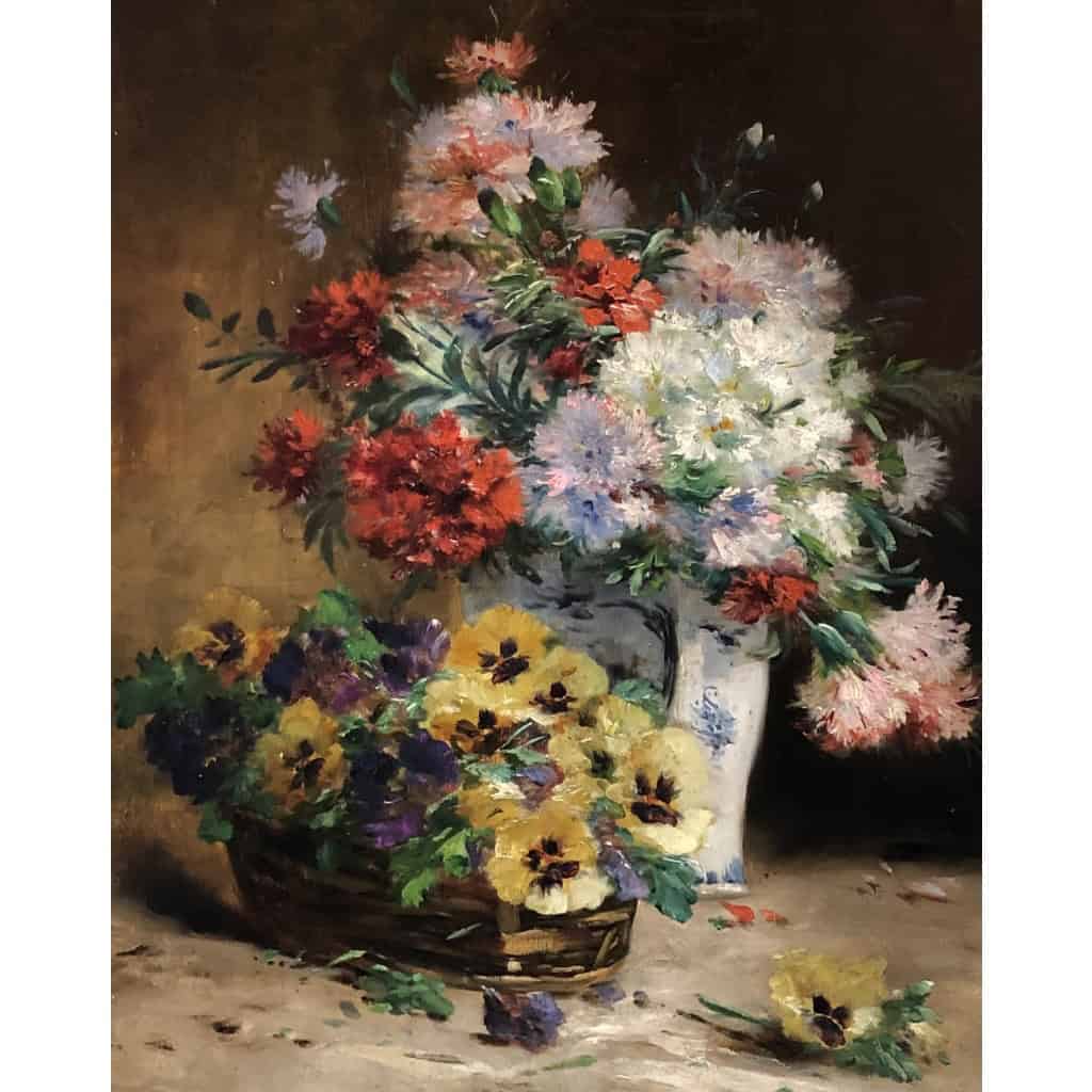 CAUCHOIX Eugène Bouquet d’oeillets Panier De Pensées Huile Toile Signée certificat d’authenticité 4