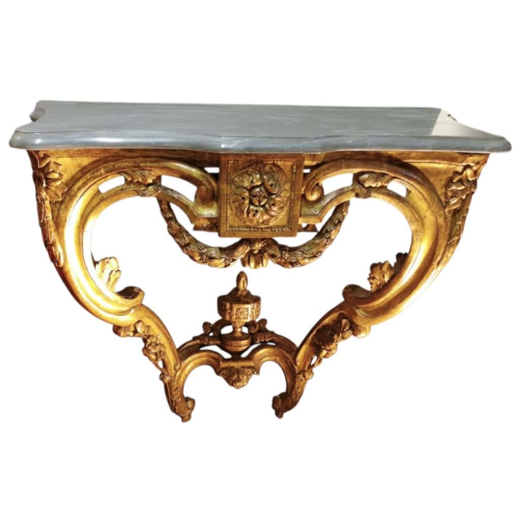 Console d’applique d’époque Transition Louis XV/Louis XVI bois sculpté doré dessus de marbre bleu turquin 3