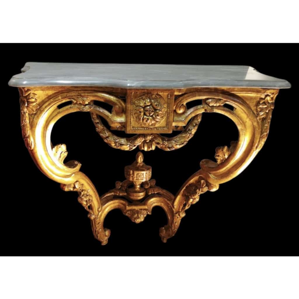 Console d’applique d’époque Transition Louis XV/Louis XVI bois sculpté doré dessus de marbre bleu turquin 8