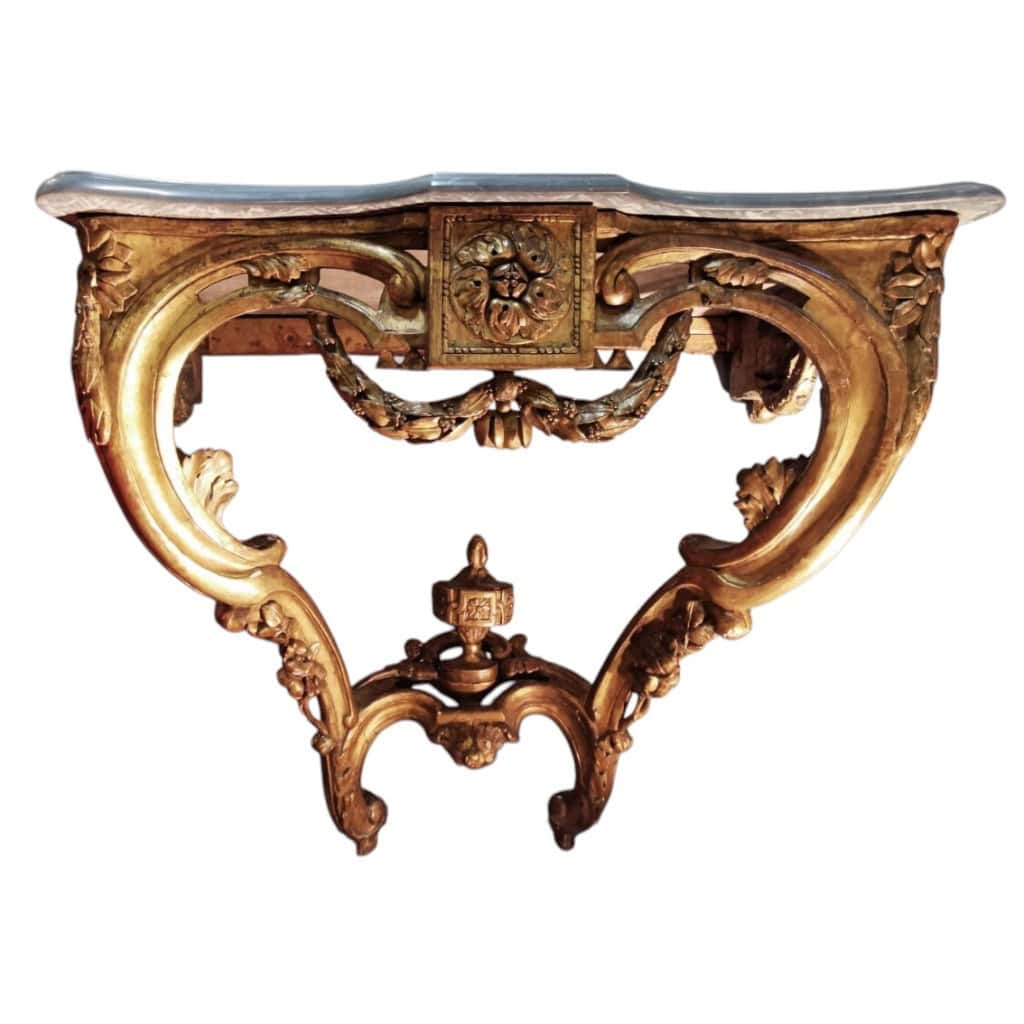 Console d’applique d’époque Transition Louis XV/Louis XVI bois sculpté doré dessus de marbre bleu turquin 7