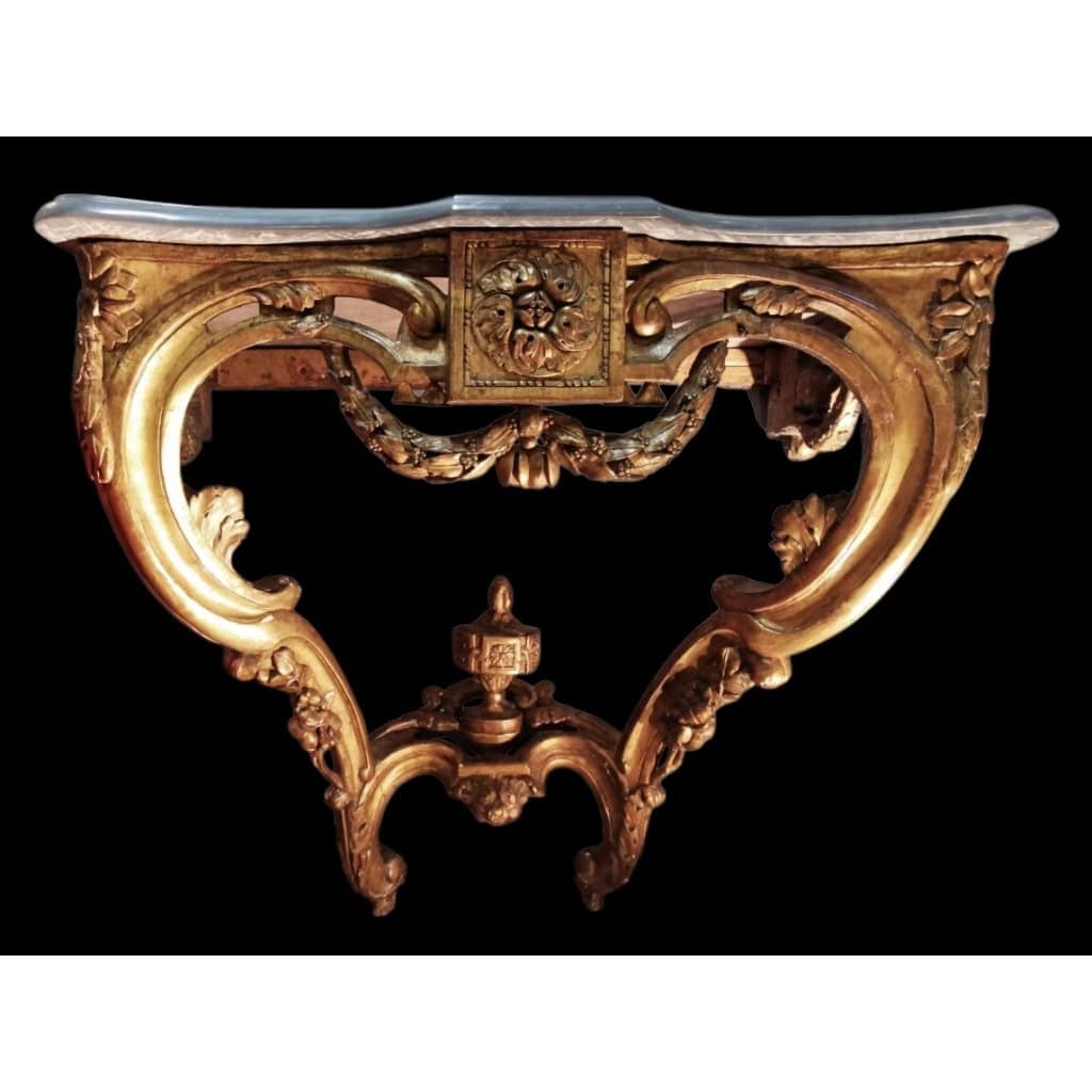 Console d’applique d’époque Transition Louis XV/Louis XVI bois sculpté doré dessus de marbre bleu turquin 6