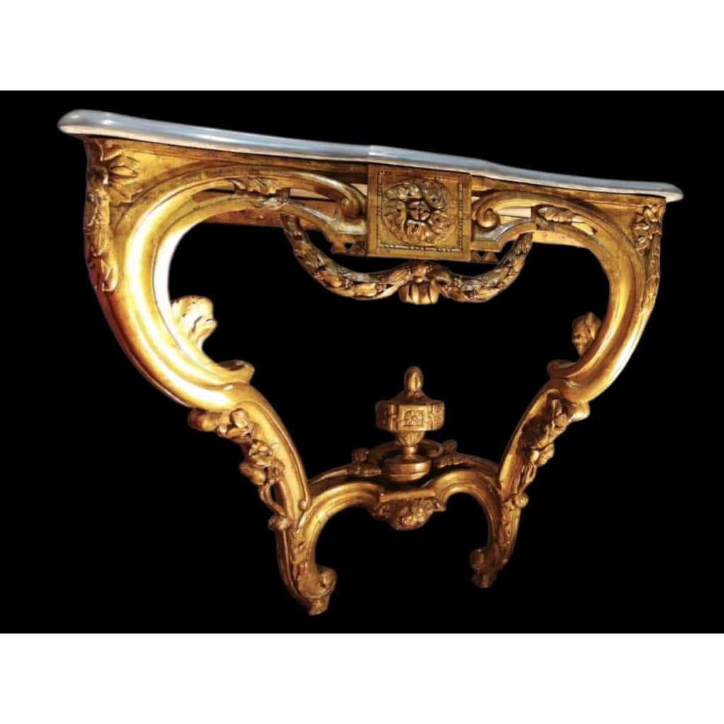 Console d’applique d’époque Transition Louis XV/Louis XVI bois sculpté doré dessus de marbre bleu turquin 4