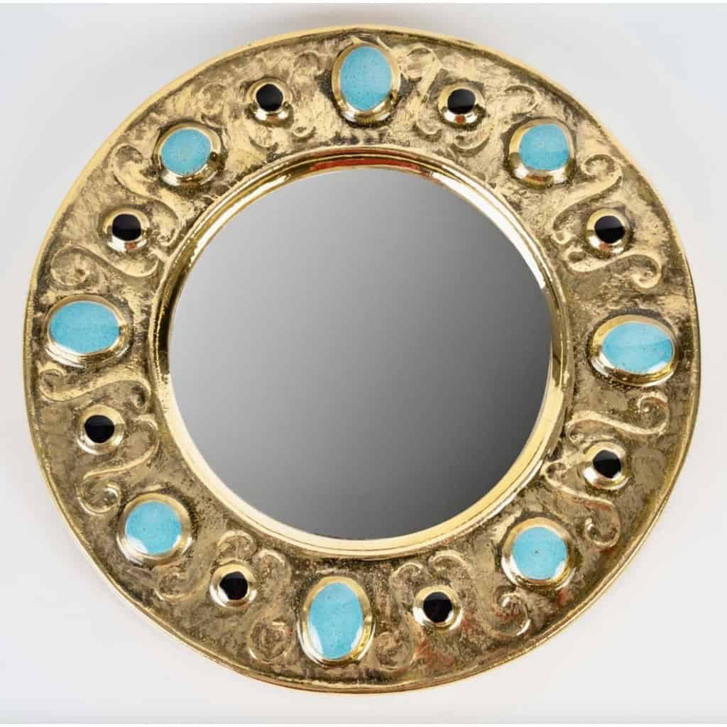 1970 Miroir Francois Lembo, Céramique, Bijoux, Or, Vert Emeraude, Signé 3