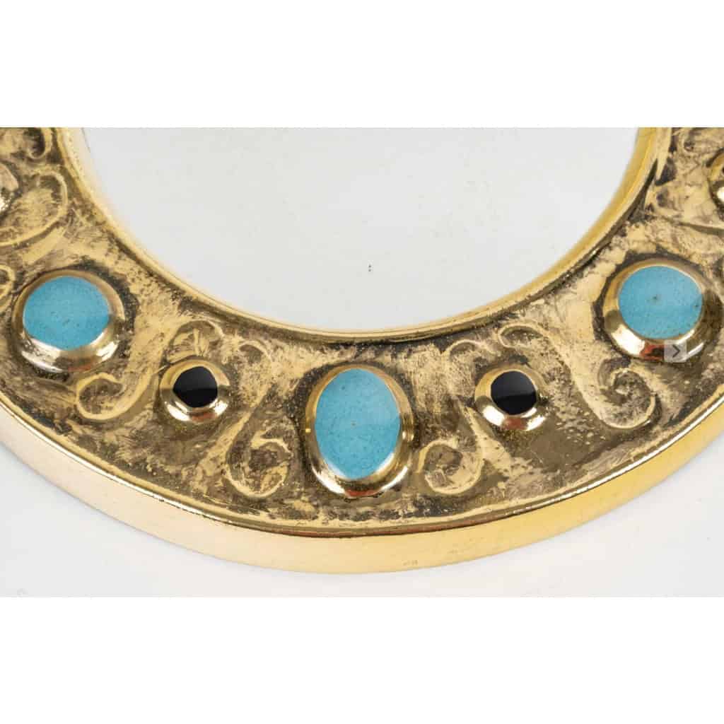 1970 Miroir Francois Lembo, Céramique, Bijoux, Or, Vert Emeraude, Signé 5