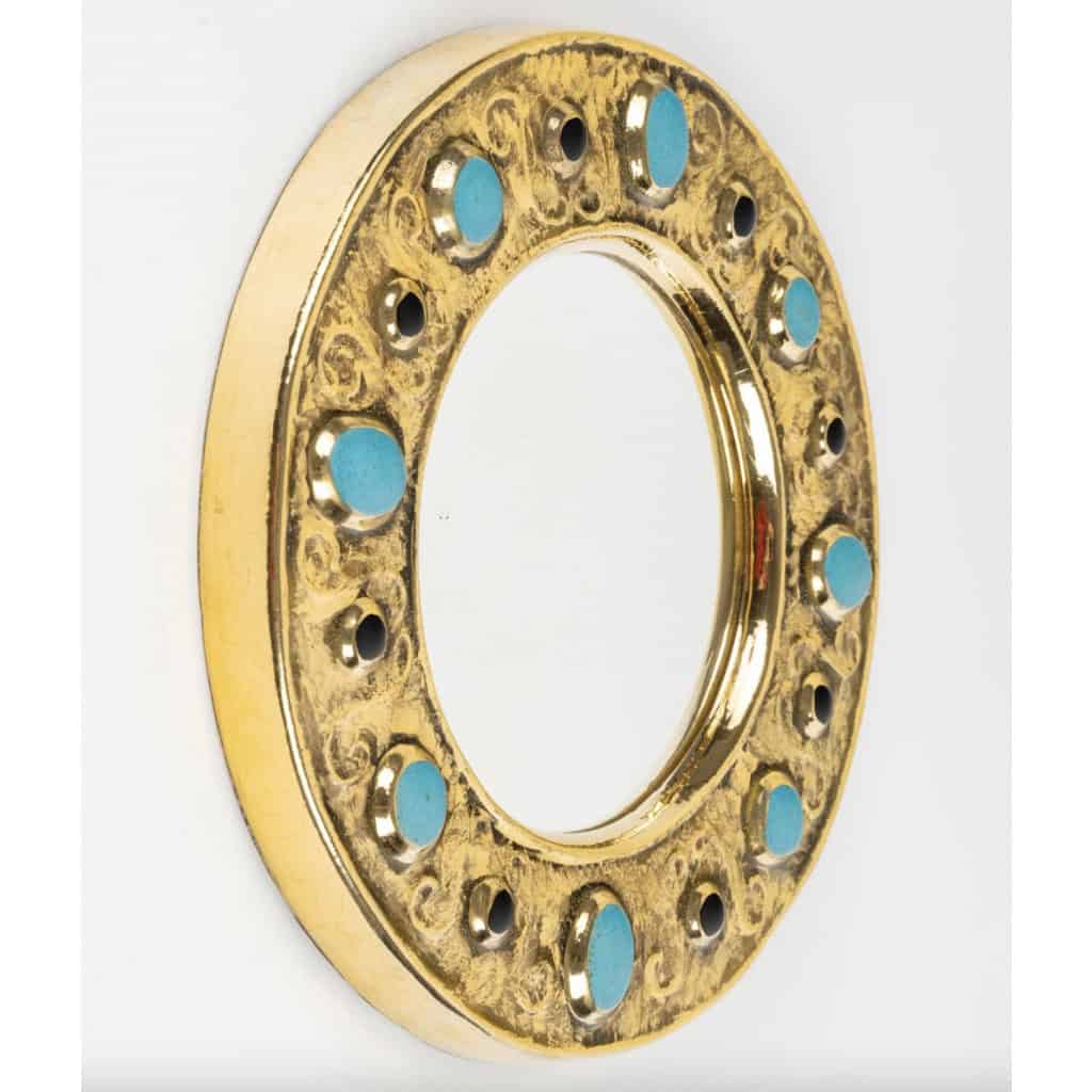 1970 Miroir Francois Lembo, Céramique, Bijoux, Or, Vert Emeraude, Signé 6