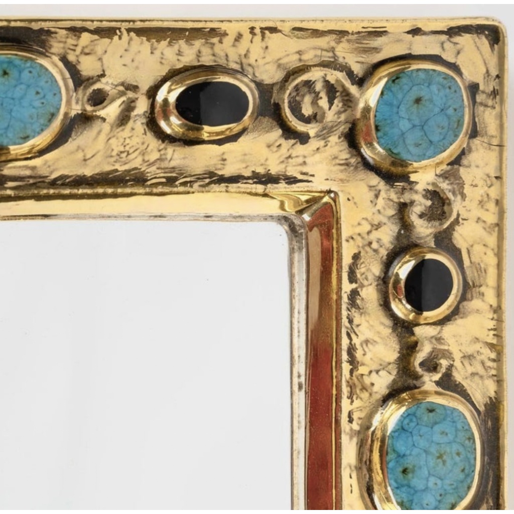 1970 François Lembo miroir, céramique, bijoux, or, vert émeraude, signé. 5