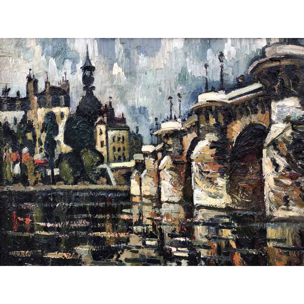 DUMONT Pierre Tableau 20ème siècle Paris le Pont Neuf sur La Seine Peinture Huile sur toile signée 4