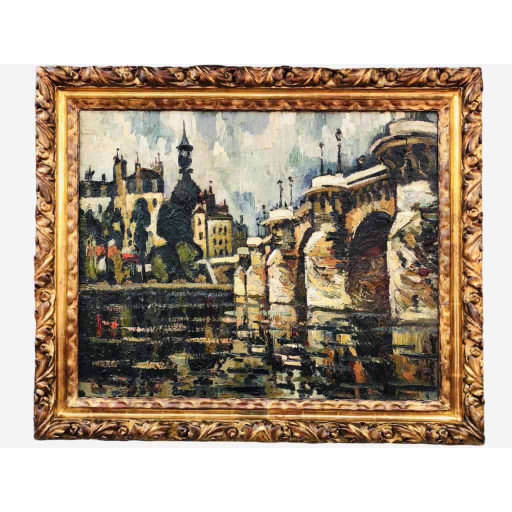 DUMONT Pierre Tableau 20ème siècle Paris le Pont Neuf sur La Seine Peinture Huile sur toile signée 3