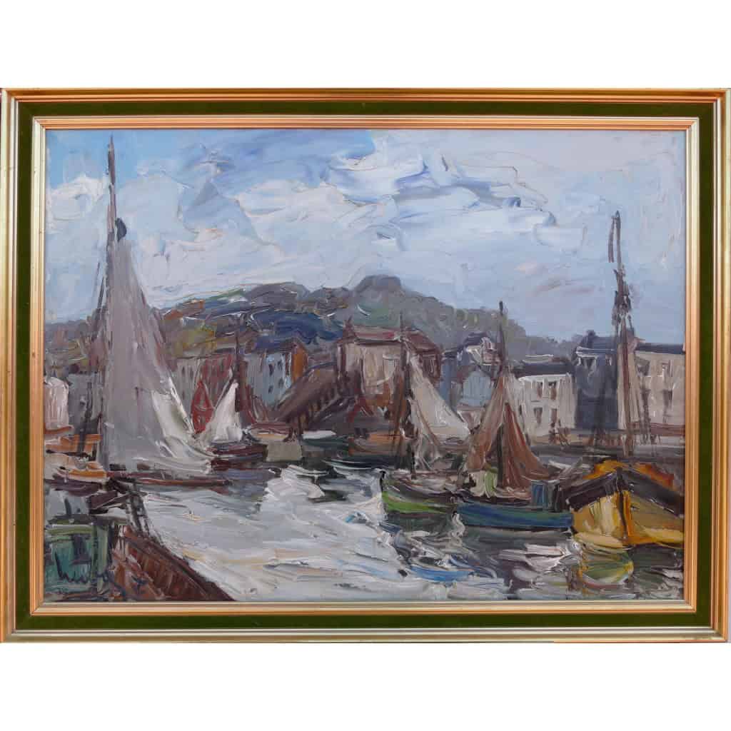 HERBO Fernand Peinture Française XXè Normandie Honfleur Et Son Port Huile sur Toile Signée Certificat 3