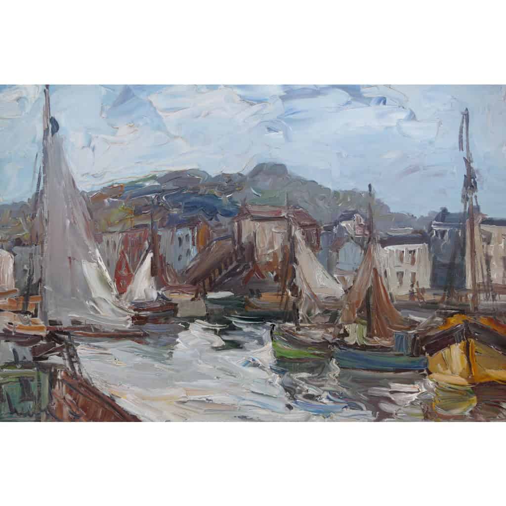 HERBO Fernand Peinture Française XXè Normandie Honfleur Et Son Port Huile sur Toile Signée Certificat 12