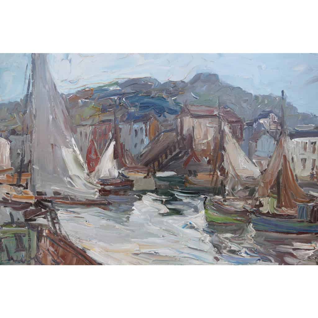 HERBO Fernand Peinture Française XXè Normandie Honfleur Et Son Port Huile sur Toile Signée Certificat 11